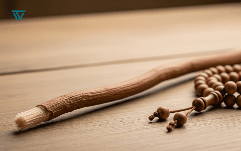 Miswak Benefits in Islam, a miswak and a tasbih in a table